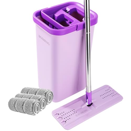 BOSHENG Mop and Bucket with Wringer Set, Hands Free Flat Floor Mop and Bucket, 3 Washable Microfiber Pads Included, Wet and Dry Use, Home Floor Cleaning System for All Floor Types and Windows, Purple - size: Purple Mop and Bucket Set with 3 Pads