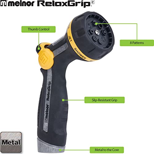 Melnor 65188AMZ RelaxGrip Metal Nozzle, Multi-Pattern, Arthritis Foundation Ease of Use Certified, Quick Connect Bundle, Black, Yellow - size: 8-Pattern, style: Thumb Control