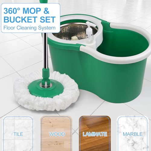 Spin Mop and Bucket with Wringer Set, 360° Rotating Head Mop Bucket System with 3 Microfiber Mop Refills Wet and Dry Suitable for Office and Home Use, Green (Green) - color: Green