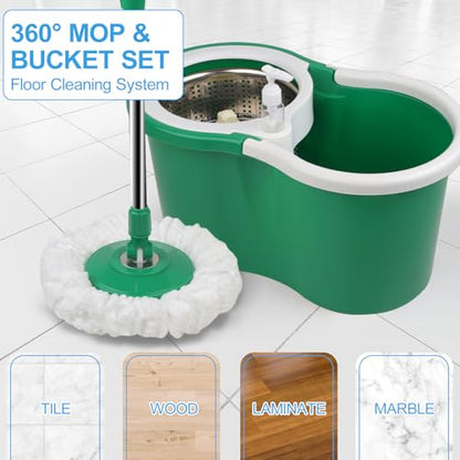 Spin Mop and Bucket with Wringer Set, 360° Rotating Head Mop Bucket System with 3 Microfiber Mop Refills Wet and Dry Suitable for Office and Home Use, Green (Green) - color: Green