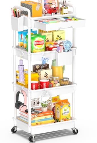 SUNALLY 4 Tier Rolling Utility Cart with Drawer, Storage Organizer Cart with 2 Lockable Wheels, Multifunctional Rolling Storage Cart for Bathroom, Kitchen, Craft, Makeup, Baby Essentials, White - color: White, size: 4 Tier