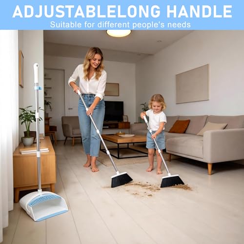 Broom with Dustpan Combo Set for Home, 52-in Long Adjustable Handle Angle Broom and Dustpan Set with Dustpan Comb Teeth for Sweeping Pet Hair Food Dirt Kitchen (White-Blue) - color: White-blue