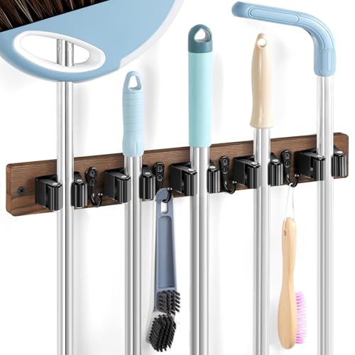 Brown Broom Holder Wall Mount - Heavy Duty Wood Mop and Broom Organizer with 5 Slots & 4 Hooks - Rustic Garden Tool Hanger for Laundry Room Closet Kitchen Garage Storage and Organization - color: Brown-5 Slots