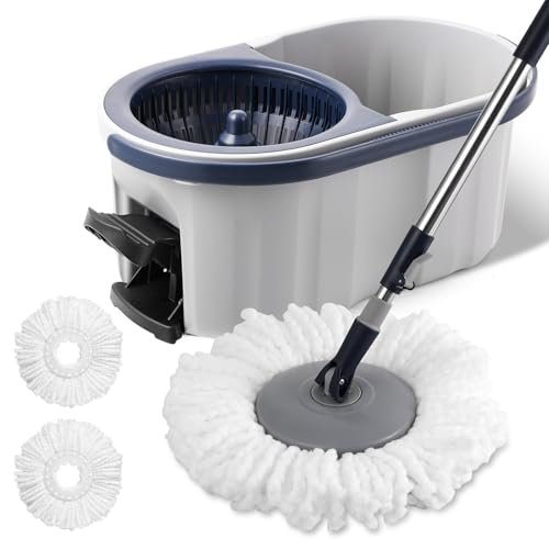 Spin Mop and Bucket System with180-Degree Rotating Head Telescopic Handle Dual Chamber Bucket Floor Cleaning Set with 3 Mop Refills Dual-Function Wringing Hand-Press and Foot-Pedal - color: White and Navy Blue