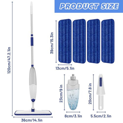 HOMTOYOU Microfiber Flat Mop with Sprayer: Spray Mop with 4 Washable Pads | Cleaning Multi-Surface Floors, 1Pcs 400+ML Refillable Bottle, Wet Dry Use, 360° Swivel Head, White - color: White Blue