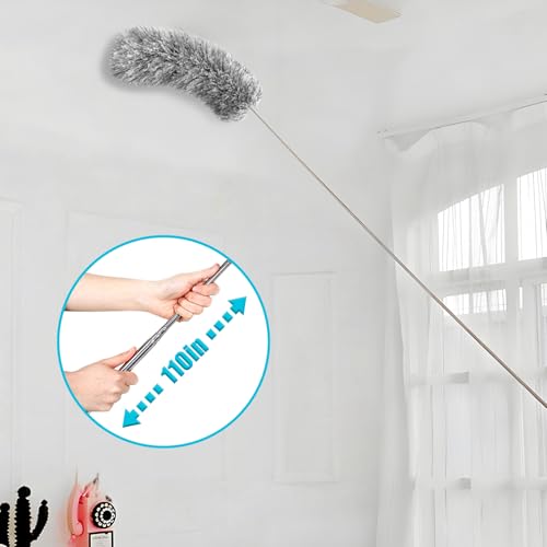 Feather Duster for Cleaning Extendable - Feather Duster for Cleaning The Indoor. 110 in Long Duster with Extension Pole for Clean Ceilings and Fans. Microfiber Duster for Blinds. Washable Dduster