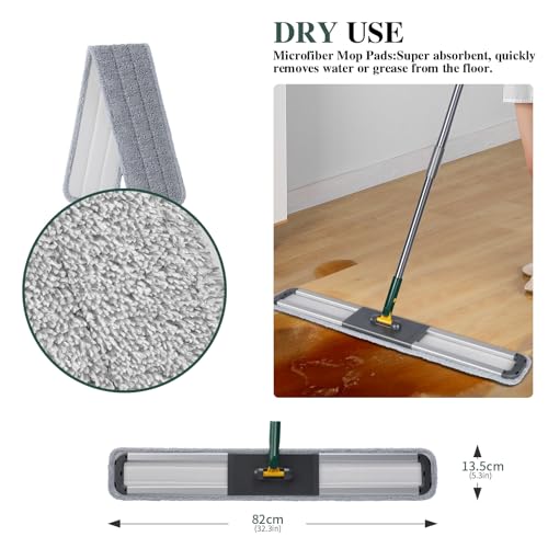 Masthome 36" Commercial Dust Mop, 60" Telescopic Handle Heavy Duty Floor Mop, Wet Dry Industrial Mop with 3 Reusable Pads for Hardwood Marble Laminate Tile, Home Gym Office Use - color: Green Large