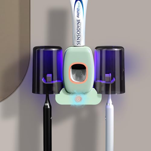 Toothbrush Holders for Bathrooms,Rechargeable Cordless Wall Mounted Tooth Brushing Holder,Electric Toothbrush Holder with 2 Cups,4 Toothbrush Slots,Toothpaste Dispenser (Green) - color: Green