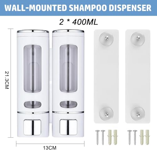 White Wall Mounted Hand Soap Dispenser, 13.5oz/400ml Shower Pump, Clear Refillable Liquid Lotion Soap Dispenser, Gel Container Shower Pump Dispenser and Organizer for Bathroom Kitchen, 2 Chamber - color: White