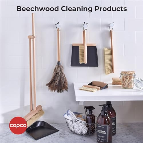 Copco Hand Brush and Dustpan Set - Wooden Beechwood Handle Broom and Dust Pan with Soft Bristles, Leather Loop Hanging Storage, Iron Dustpan, Kitchen and Home Cleaning Essentials