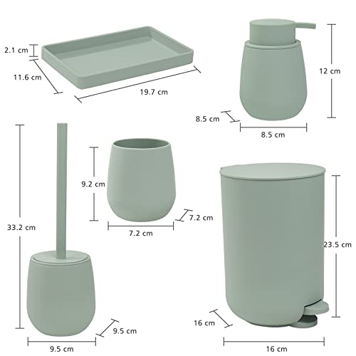 GAHEFY Sage Green Bathroom Accessories Set with Small Trash Can 3 Liter/0.8 Gallon,Toothbrush Holder,Soap Dispenser,Vanity Tray,Toilet Brush and Holder Green 5PCS - style: Green 5 pcs