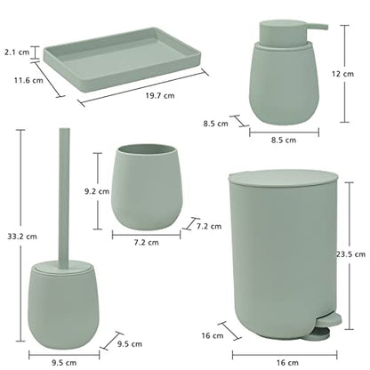 GAHEFY Sage Green Bathroom Accessories Set with Small Trash Can 3 Liter/0.8 Gallon,Toothbrush Holder,Soap Dispenser,Vanity Tray,Toilet Brush and Holder Green 5PCS - style: Green 5 pcs