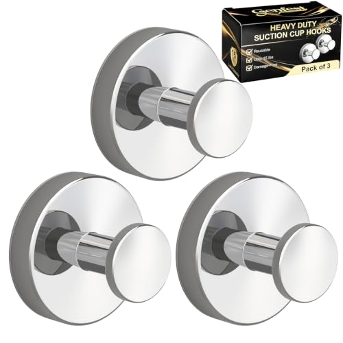 Suction Cup Hooks, Shower Hooks No Drill, Heavy Duty Wall Hooks for Hanging 15lbs, Reusable Waterproof Towel Hooks for Bathrooms Kitchen Glass Door Tile, Stainless Steel Hook Holder 3 Pack - color: 3 Bright Silver, size: 3 Pack
