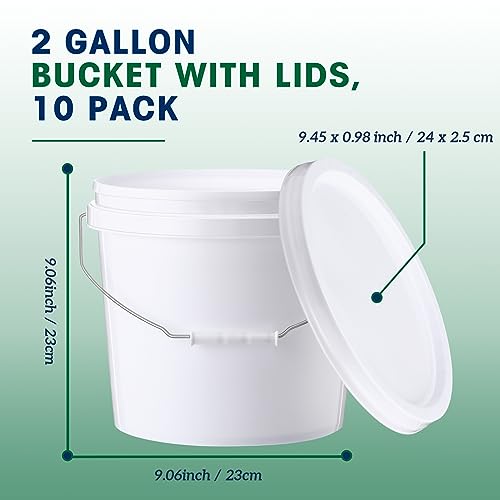 Tioncy 10 Pcs 2 Gallon Plastic Bucket with Lid Heavy Duty 2 Gallon Bucket Pail with Lid Handle for Storage Container Home Household Cleaning (White) - color: White