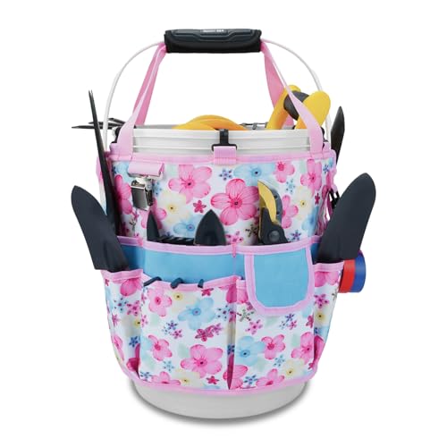 KUNN Gardening Gift for Women Men 5 Gallon Bucket Tool Organizer with 18 Pockets, Heavy-Duty Bucket Buddy Caddy Bag, Garden Tools Organizer Storage with Comfort Grip Handle Pad Attachment,Pink - style: Pink Blossom