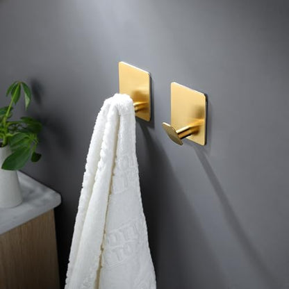 DELITON 8 Pack Gold Wall Hooks - Adhesive Towel Hooks for Bathrooms Kitchen Livingroom Garage, Heavy Duty Hook for Walls, No Damage, Stainless Steel - color: Gold-8