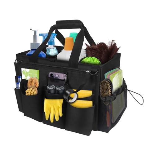 Qivine Cleaning Caddy with Handle, Cleaning Supply Caddy Foldable Tool Bag Cleaning Products Organizers Portable Cleaning Bucket Organiser for Storing Towels（Black Square） - color: Black Square
