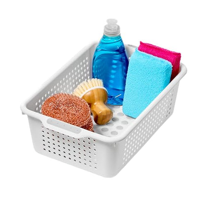 madesmart Small Storage Basket, Multipurpose Organizer with Soft-Grip Handles & Non-Slip Feet, Heavy-Duty Ventilated Design for Laundry, Bath & Kitchen, White, 12 x 8 x 4" - size: Small