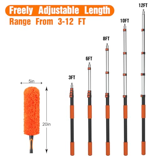 LAANPOLE 20FT High Reach Duster Cleaning Kit with Extension Pole, High Ceiling Fan Cleaner Duster Tool for Fan Blades, Window Washing Kit with Microfiber Feather Duster & Window Squeegee - size: 12FT