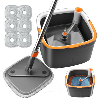 Spin Mop and Bucket Set with Self Separation Dirty and Clean Water System with 6pads, Square Mop Bucket Self Wringing 360° Rotating Clean Floor Mop-Head for Hardwood Tile Marble Floors-6Pads - size: Mop Set with 6pads