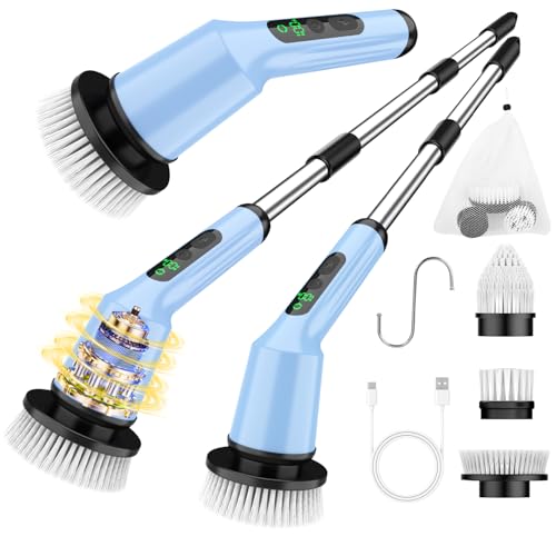 Electric Spin Scrubber for Cleaning Bathroom, Shower Scrubber Cordless Cleaning Brush with IPX7 Waterproof & 2 Speed, 3 Brush Heads, Bathroom Cleaning Supplies for Shower Tub Kitchen Tile Toilet Sky - color: Sky, size: 3 Brush Heads