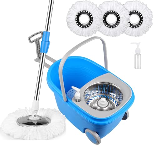 Spin Mop and Bucket with Wringer Set, 3 Washable Microfiber Pads Included for Floor Cleaning, Adjustable Stainless Steel Handle, Easy Moving with Wheels, Blue - color: Blue