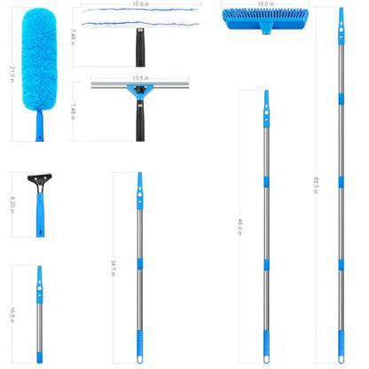 Window Squeegee，5 in 1 Bendable Head Window Squeegee for Home，61''Extension Poles，Bendable Head car Window Cleaner Tool，Squeegee for Shower Glass（Blue）