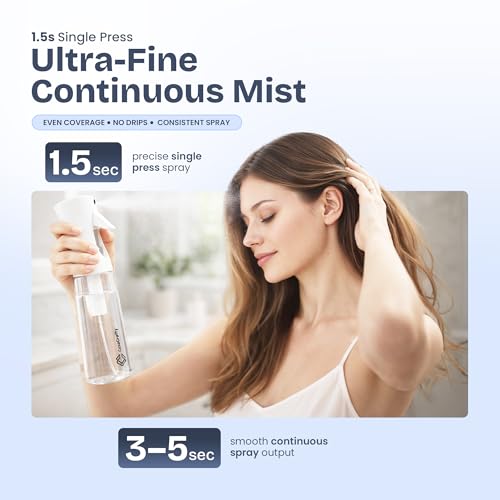 Continuous Spray Bottle for Hair 2 Pack – Fine Mist Water Sprayer 10oz (300ml), Refillable for Hair Styling, Continuous Mist for Plants, Cleaning, Skincare & Petcare, BPA-Free, Leak-Proof, 360° Mist