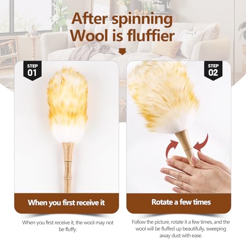 Lambswool Duster for Cleaning with Solid Wooden Handle Leather Hang Strap 14.9 inch Natural Feather Duster for Cleaning Ceiling Fans Window Blinds Computer Furniture(2 Pack) - size: 14.9Inch