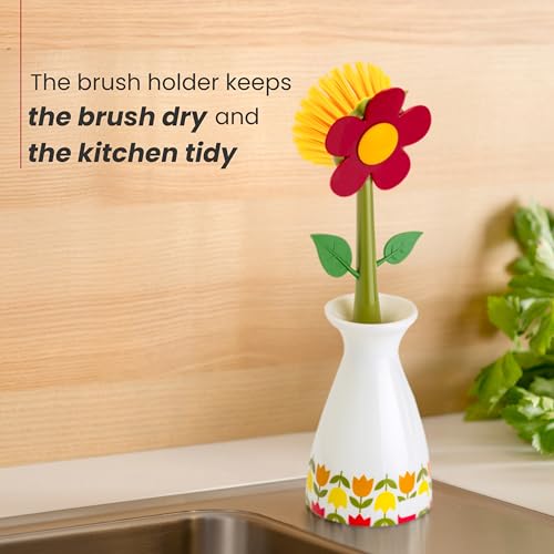 Vigar Flower Power Dish Brush - Flower-Shaped, Dish Brush with Handle, Dish Scrubber with Stand, Scrub Brush for Dishes, Dishwashing Brush, Kitchen Scrub Brush, Kitchen Essentials - White, Red - color: Red