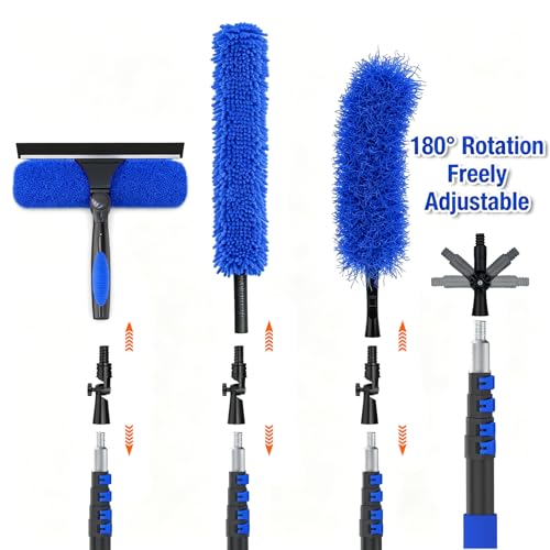 26FT Reach Duster Kit, Window Cleaning with 5-20FT Telescoping Extension Pole, High Ceiling Duster, Microfiber Feather Duster, Cobweb Duster, Window Squeegee, Feather Duster, Extendable Pole Kit - color: Blue, size: 20FT