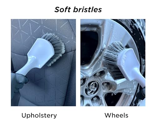 Short Handle Car Wheel and Tire Brush | Auto Detailing Car Wash Brush | Deep Cleaning Brush for Tires, Rims, Wheel Wells, Carpets, and Upholstery | Soft Bristles and Stiff Bristles | Pack of 2
