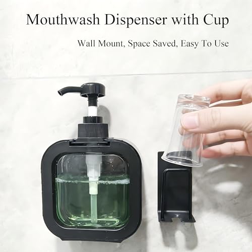 Mouthwash Dispenser for Bathroom, Wall Mount No Drill Bathroom Organiger, Refillable Plastic Pump Bottle with Reusable Cup, with Cup Holder (Black)
