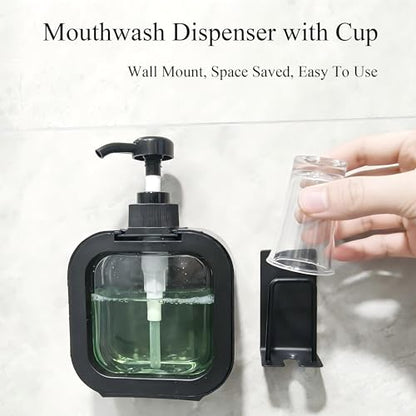 Mouthwash Dispenser for Bathroom, Wall Mount No Drill Bathroom Organiger, Refillable Plastic Pump Bottle with Reusable Cup, with Cup Holder (Black)