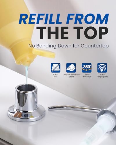 Built in Kitchen Sink Soap Dispenser: Stainless Steel Pump Head with 17 Ounce Large Soap Bottle, Easy Top Refill Design – No Bending Down for Countertop, Chrome - color: Chrome