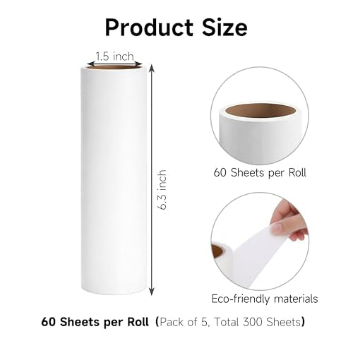5 Pack 6.3 Inch Lint Roller Refills, 60 Sheets Per Roll - 300 Total Sheets | Sticky Adhesive Lint & Pet Hair Remover for Clothes, Furniture, Car Seats & Bedding (5, 6.3 Inch) - size: 6.3 Inch