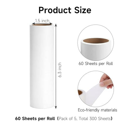 5 Pack 6.3 Inch Lint Roller Refills, 60 Sheets Per Roll - 300 Total Sheets | Sticky Adhesive Lint & Pet Hair Remover for Clothes, Furniture, Car Seats & Bedding (5, 6.3 Inch) - size: 6.3 Inch