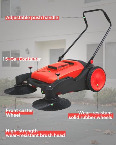 41" Industrial Walk-Behind Hand Push Floor Sweeper | 14.5 Gallon Large Capacity, 46000 SqFt/Hour, Indoor, Outdoor Use Cleaning of Dust Litter Grass - color: Red