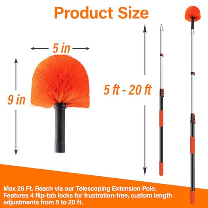 26FT Reach Cobweb Duster with Extension Pole - Spider Web Brush with 5-20 FT Telescopic Aluminum Pole, Washable & Reusable Soft Bristles for Cleaning High Ceiling Corner, Indoor, Outdoor - size: 20 FT