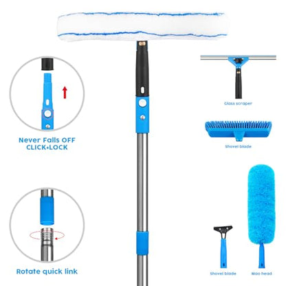 Window Squeegee，5 in 1 Bendable Head Window Squeegee for Home，61''Extension Poles，Bendable Head car Window Cleaner Tool，Squeegee for Shower Glass（Blue）