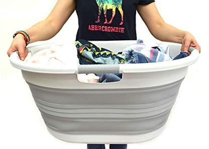 SAMMART 57L (15 Gallons) Collapsible 3-Handled Plastic Laundry Basket - Oval Tub - Portable Washing Tub-Space Saving Laundry Hamper, Water Capacity 44L / 11.6 Gallon (1, Grey) - color: Grey