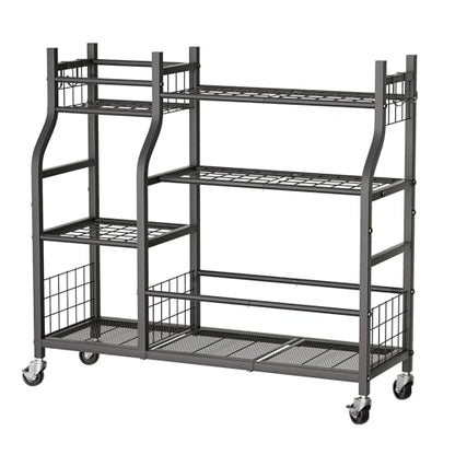 Garden Tool Organizer with Wheels for Garage and Shed, Spacious Tool Storage, Multi-Tier Design with Side Hooks for Rakes, Shovels, Brooms, and Yard Tools Rolling Cart - size: 37.2 x 12.6 x 34.4