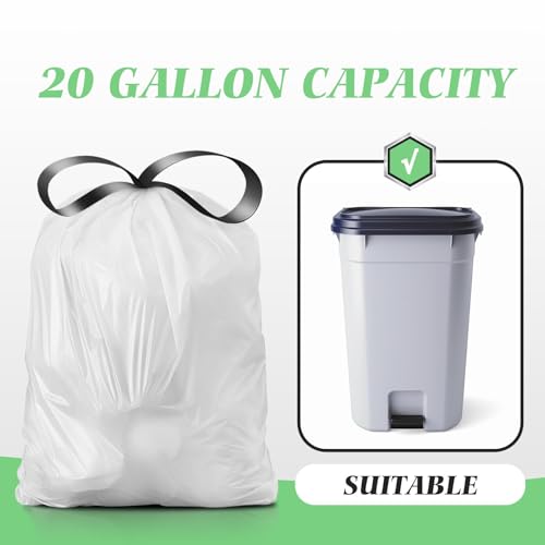 20 Gallon Large Drawstring Trash Bags 120 Counts, Fit 20-21 Gal Trash Can, Heavy Duty Tall Kitchen Garbage Liners, Large Trash Bags Size Chart for Home/Office, Outdoor Lawn & Leaf Bags, White - style: 120-20 Gallon-White
