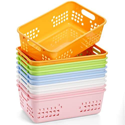 Jucoan 10 Pack Plastic Storage Baskets, 10.5 x 7 x 3.5 Inch Colorful Classroom Storage Organizer Baskets Trays with Grip Handles for Desktop, Drawer, Kitchen, Bathroom, School Supplies, 5 Colors