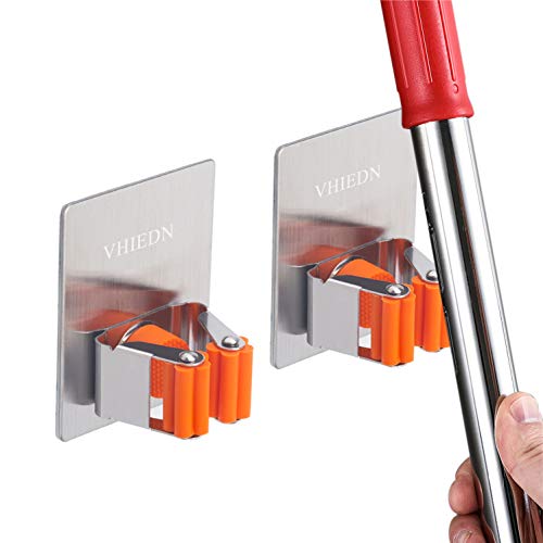 Broom Holder Wall Mount, 2 Pack Orange Stainless Steel Mop and Broom Organizer, Heavy Duty 15 Lbs Self Adhesive Tool Hanger, No Drill Broom Hooks for Garage, Kitchen, Bathroom Organization - color: Orange (2 Pack)