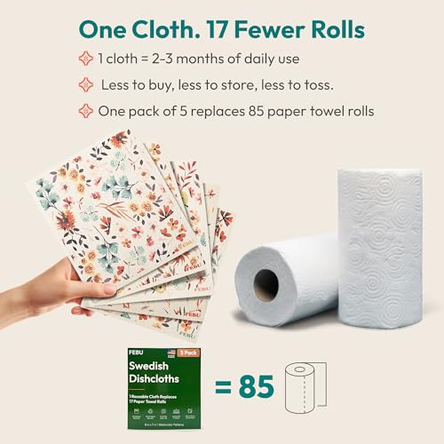 FEBU Swedish Dishcloths for Kitchen | 5 Pack Neutral Reusable Paper Towels Washable | Swedish Dish Towels | Non-Scratch Cellulose Sponge Cloths | No Odor, Biodegradable Cleaning Cloths - color: Neutrals