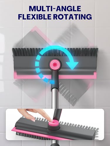 Floor Scrub Brush with Long Handle, 3 in 1 Multi-angle Swivel Right Angled Bristle Floor Scrubber Brush with Squeegee and Tweezer for Tile Wall Deck Bathroom Patio Garage Kitchen (Pink and Grey) - color: Pink and Grey