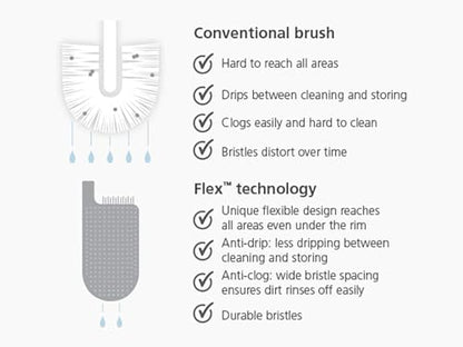 Joseph Joseph Flex Lite Silicone Toilet Brush with Slimline Holder Set, Flexible Head, drip, Anti-Clog deep Clean - Gray/White