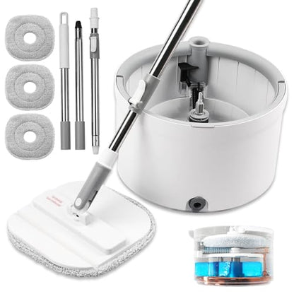 Mop and Bucket Set, Spin Mop and Bucket Set with Separation Dirty and Clean Water System Self Wringing Square Mop and Bucket with 3 Washable Microfiber Pads, Deep-Cleaning Mops for Floors