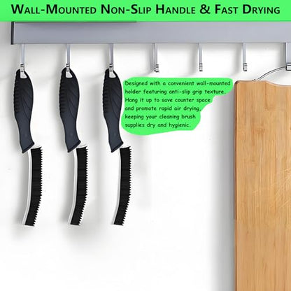 Crevice Cleaning Brush Set of 3, Hard Bristle Gap Brush with Wall Mount Holder – Deep Cleans Grout, Kitchen, Bathroom Tiles, Window Tracks & Tight Spaces